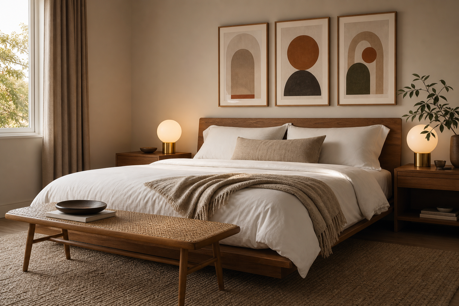 Bedroom with mid-century wall arrangement above bed