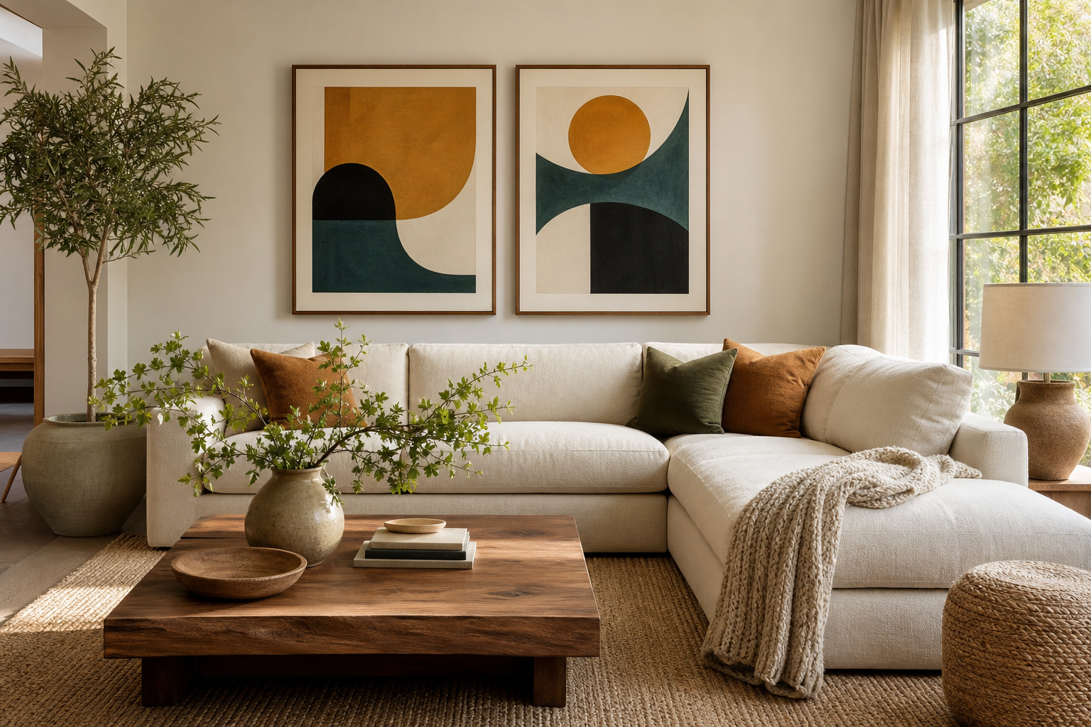 Modern lounge with warm retro artwork