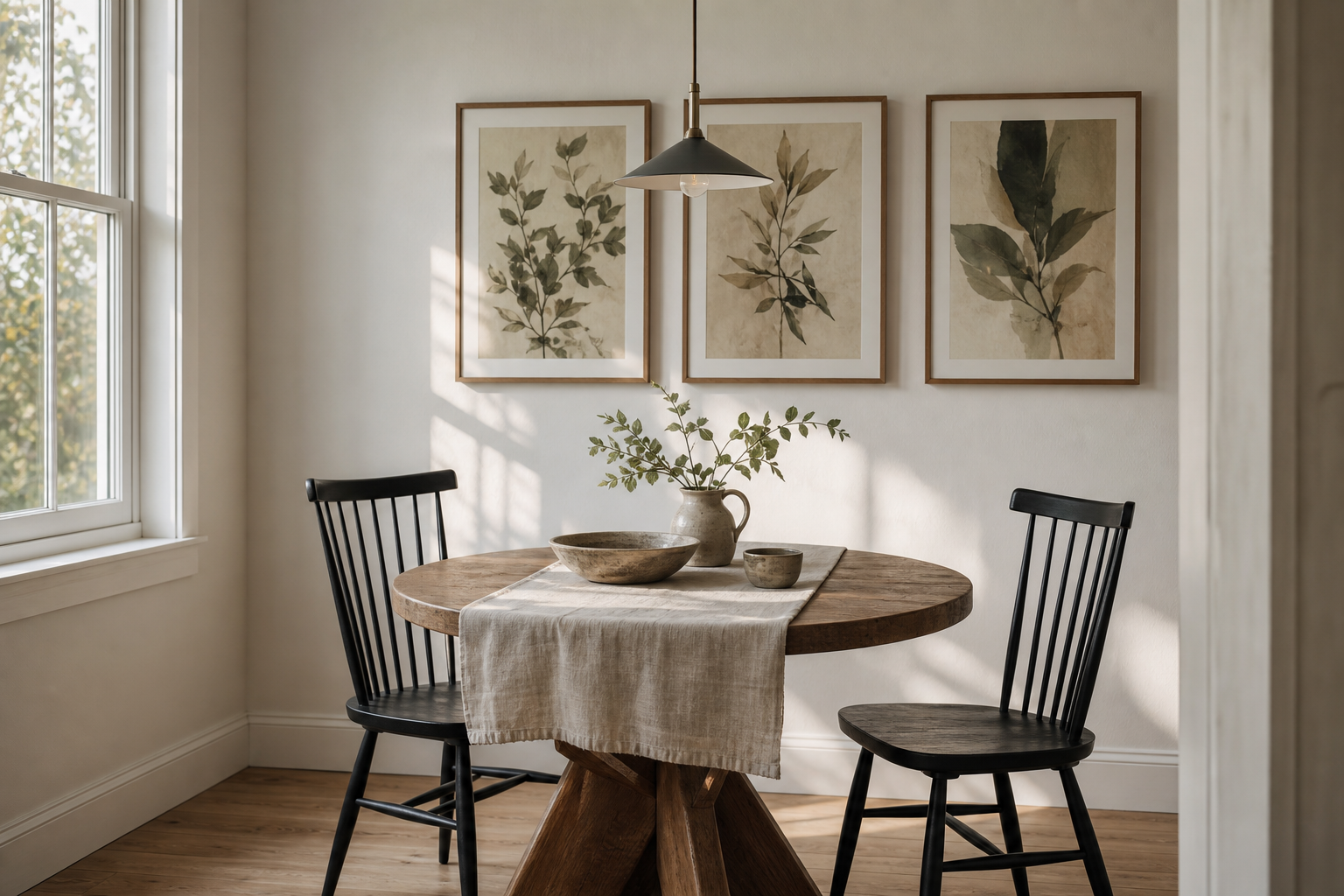 Simple gallery wall in a calm dining nook