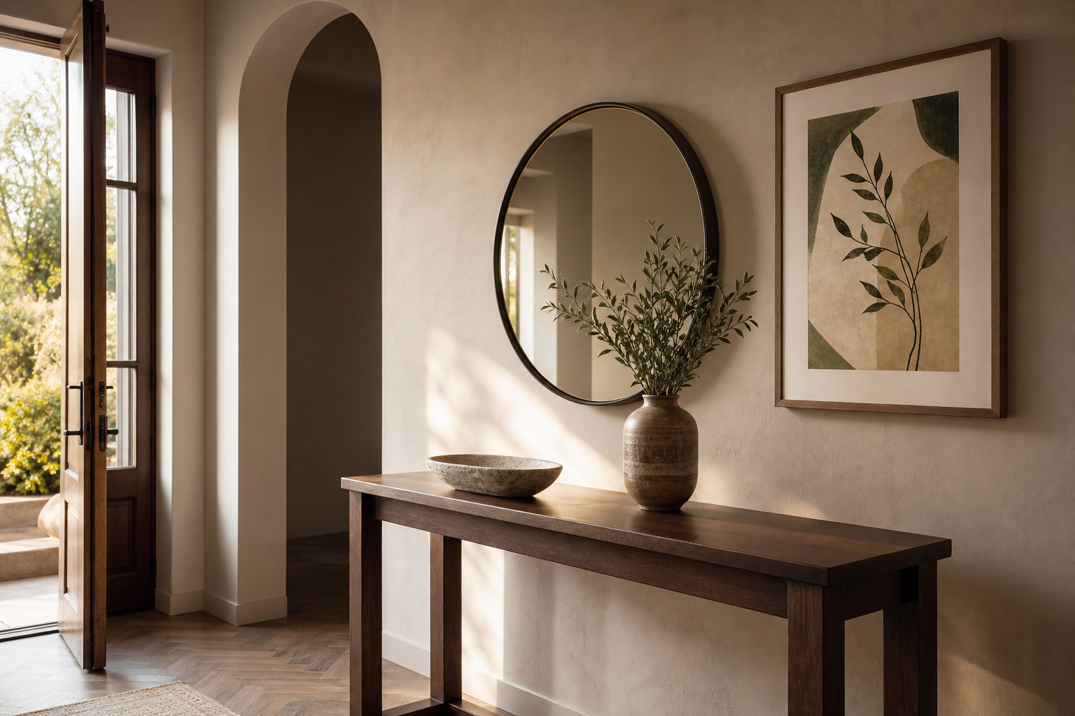 Entryway with console and minimalist architecture wall art