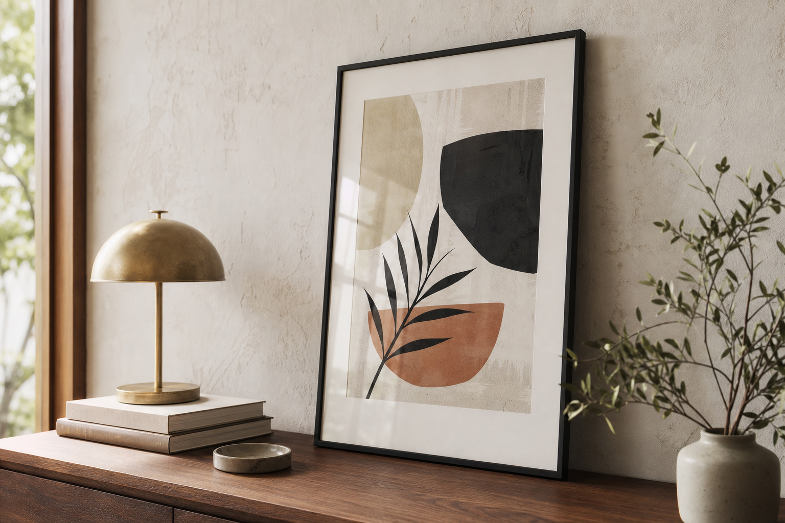 Close-up of minimalist black frame and architecture art
