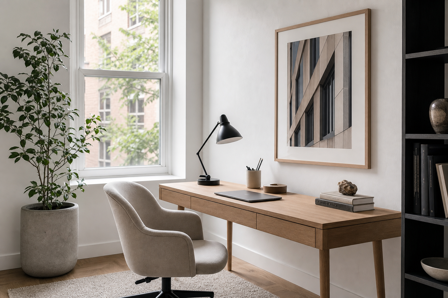 Minimalist home office with architectural wall art