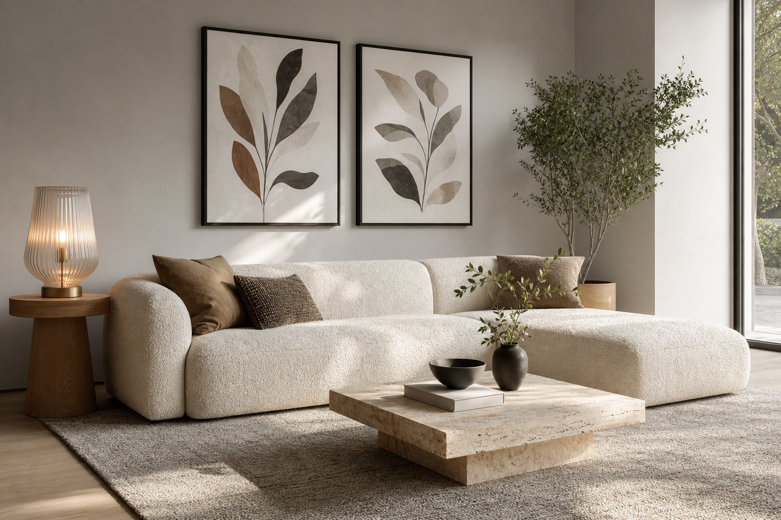Living room styled with neutral architecture prints