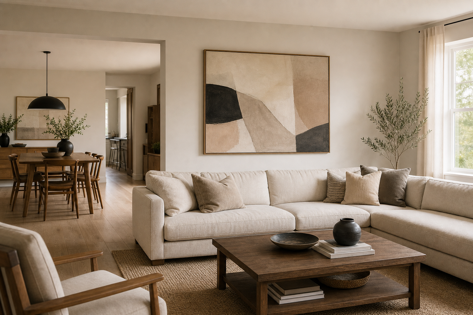 Open-plan minimalist living room with defined art zone