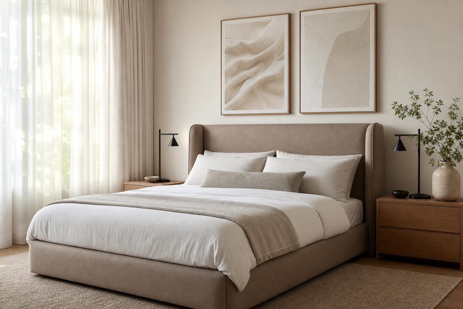 Minimalist bedroom with neutral framed wall art