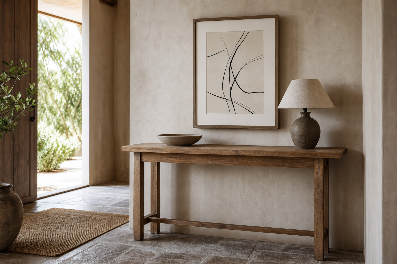 Entryway with slim console and single framed neutral artwork