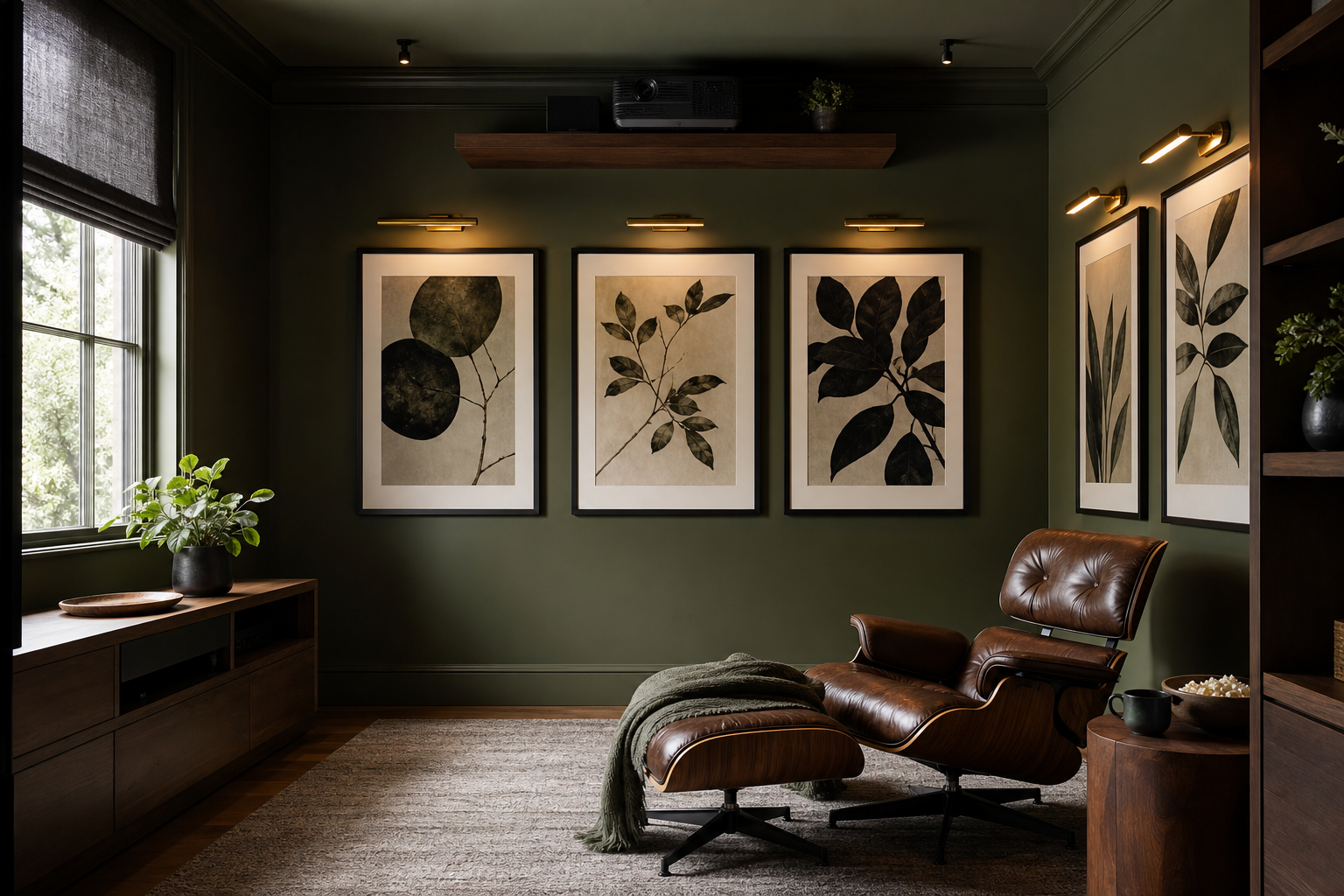 Home media room with balanced framed movie art arrangement