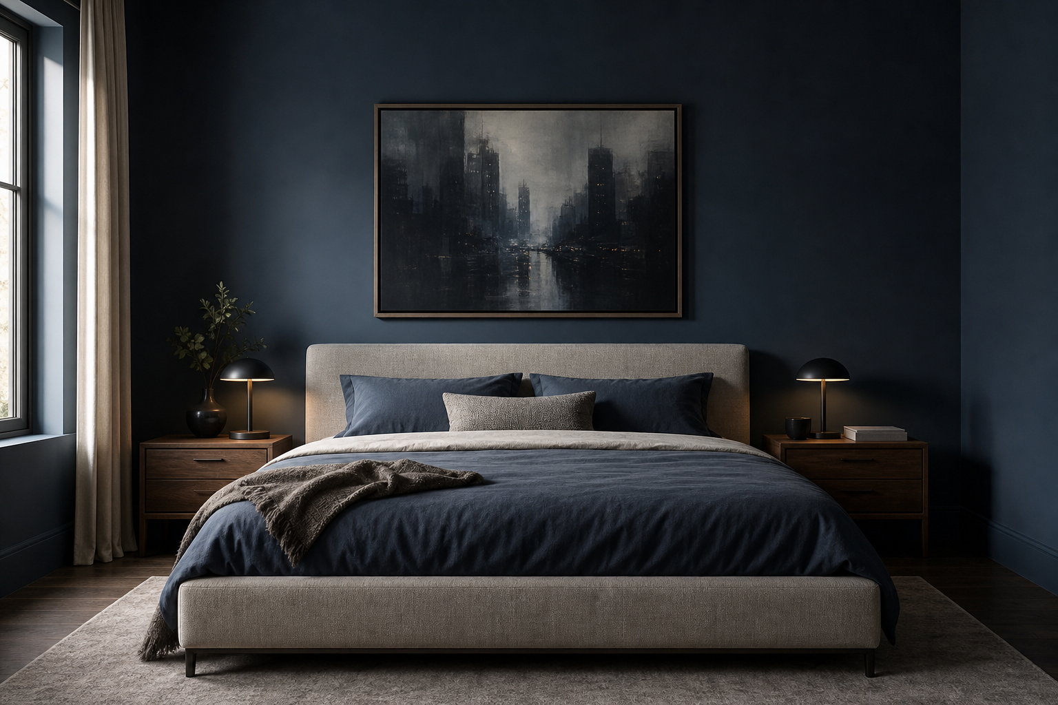 Bedroom with a single large framed cinematic print above the headboard