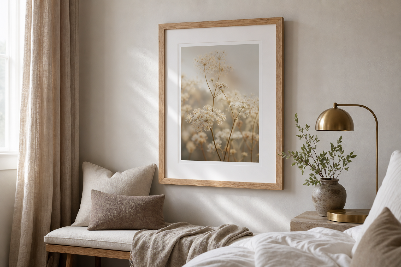 Close-up of wood frame and matted photography print in bedroom