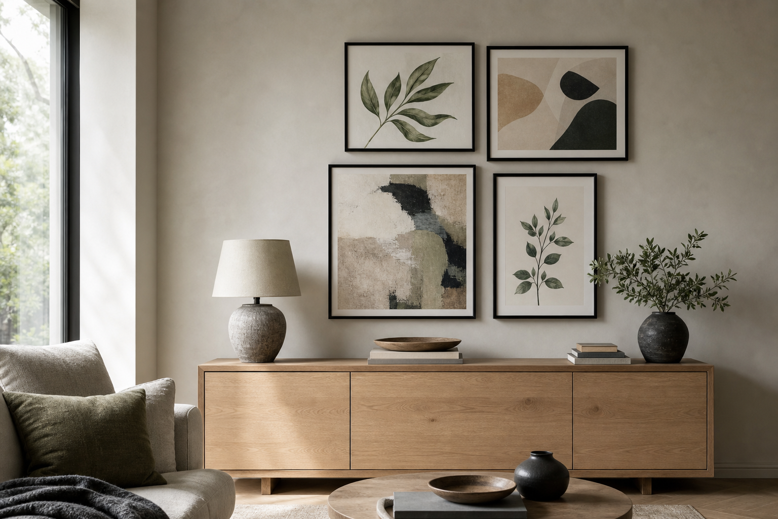 Living room with a cohesive four-piece photo wall above a sideboard