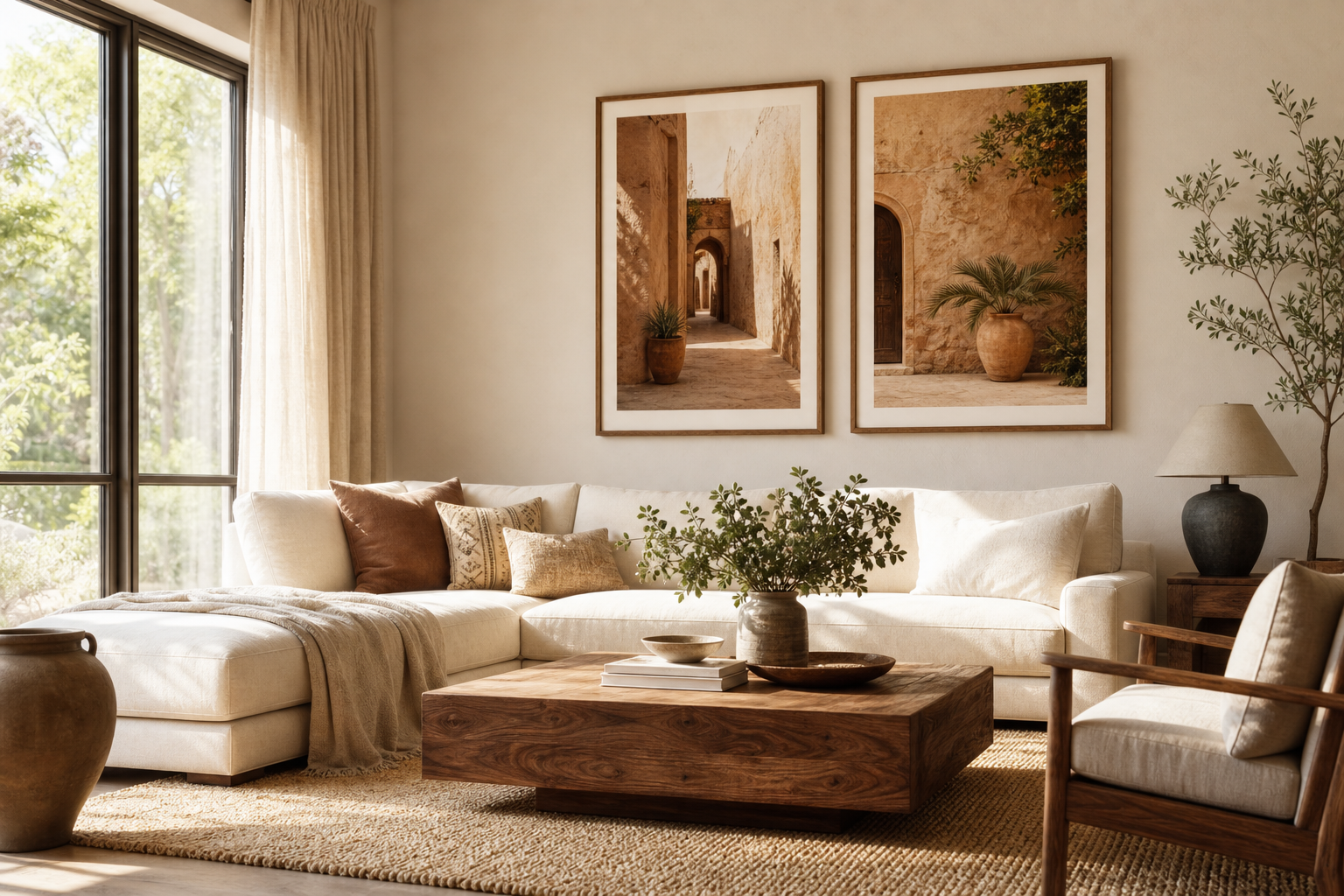 Sunlit neutral living room with warm-toned photographic art and wood frames