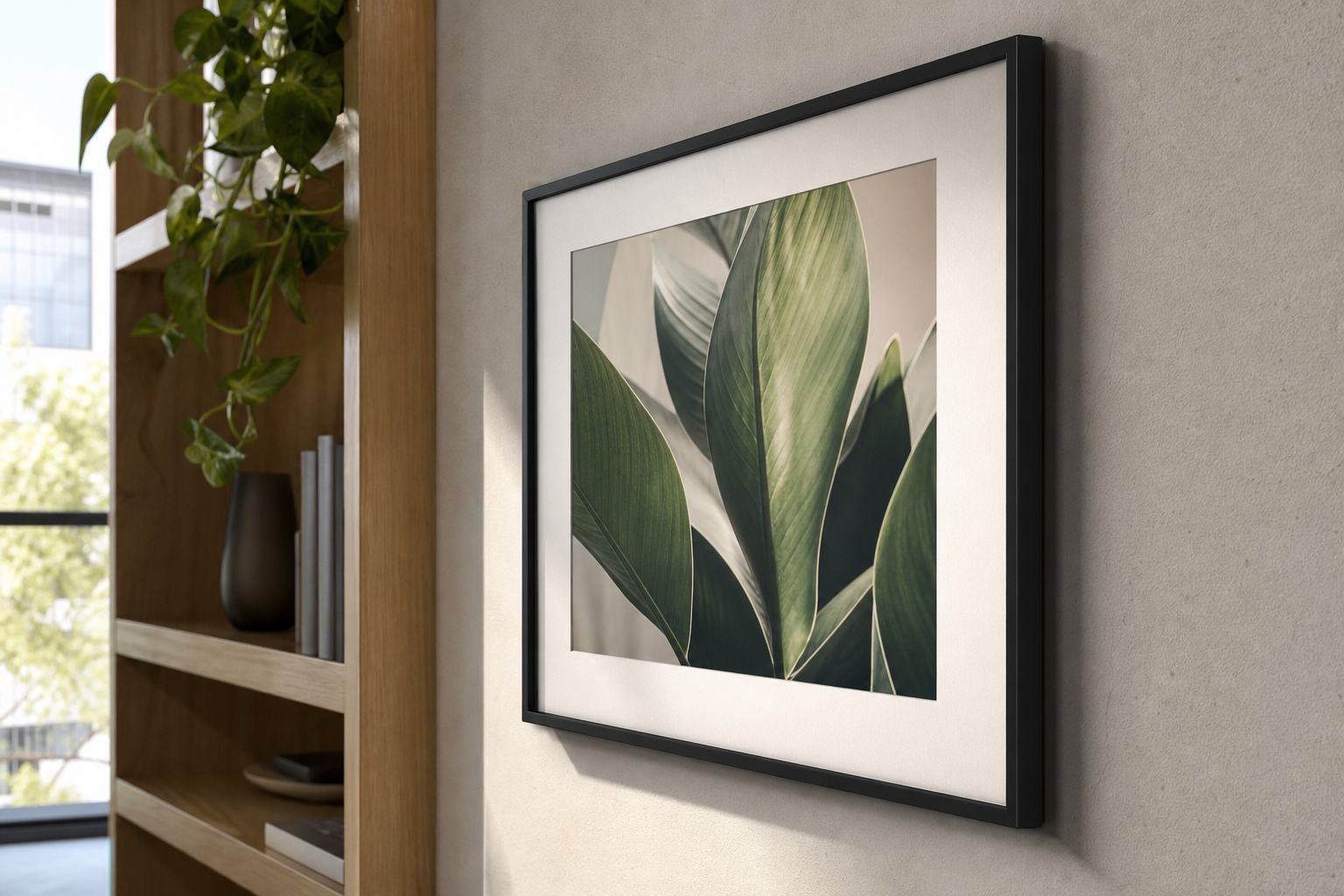 Close-up of office frame and print materials