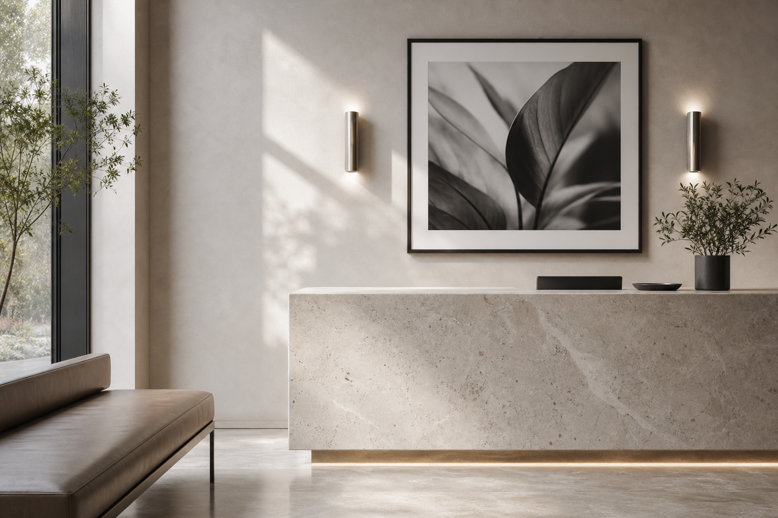 Reception area with large black-and-white photography