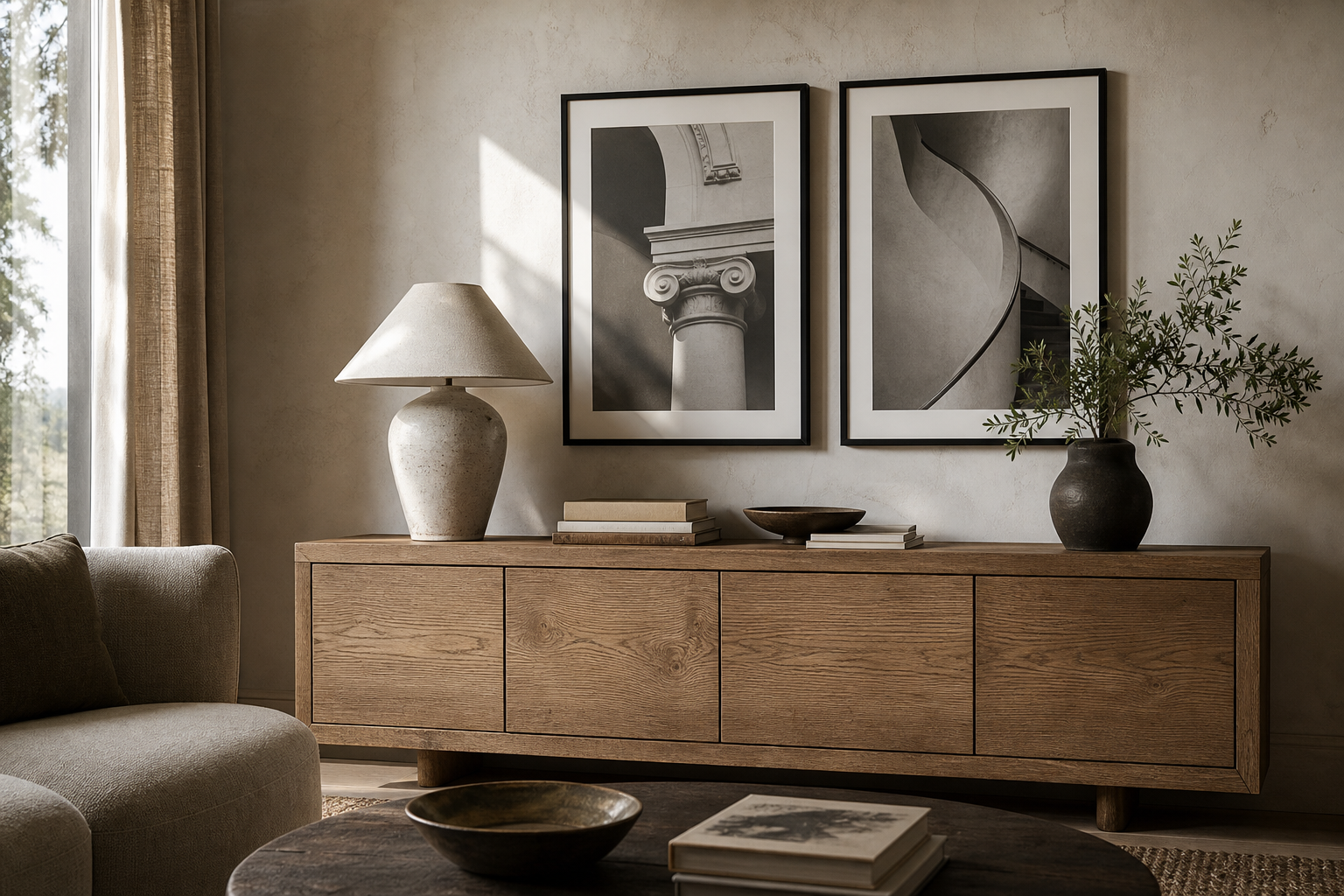 Living room corner with black-and-white photography prints