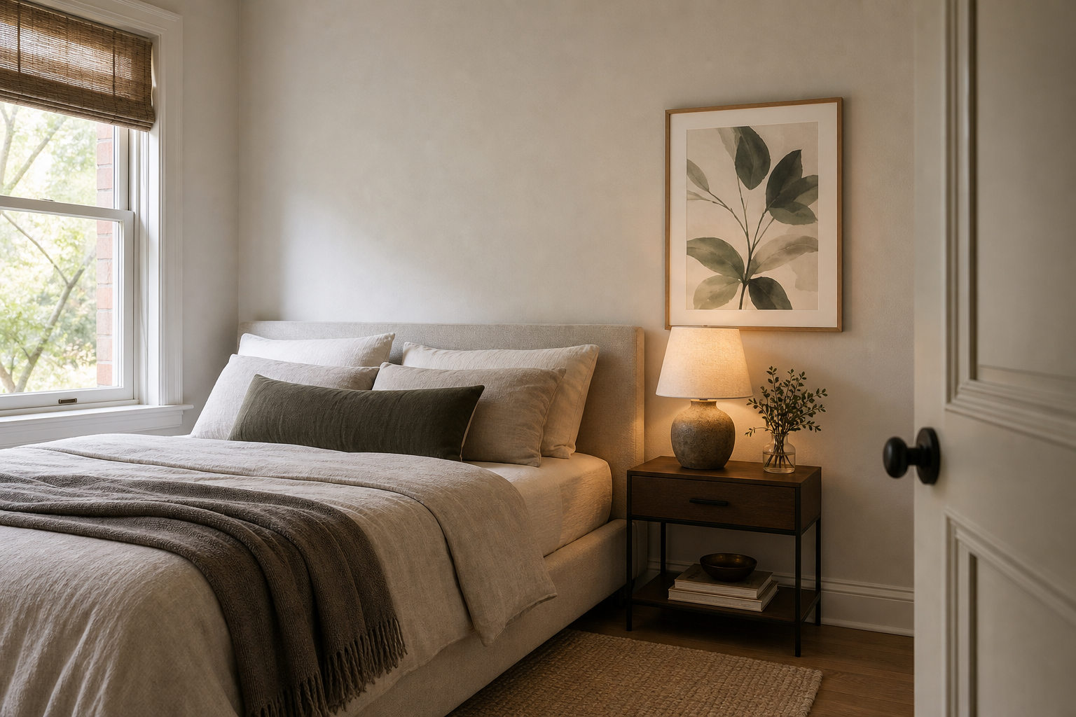Compact bedroom with modestly scaled framed art above bedside table