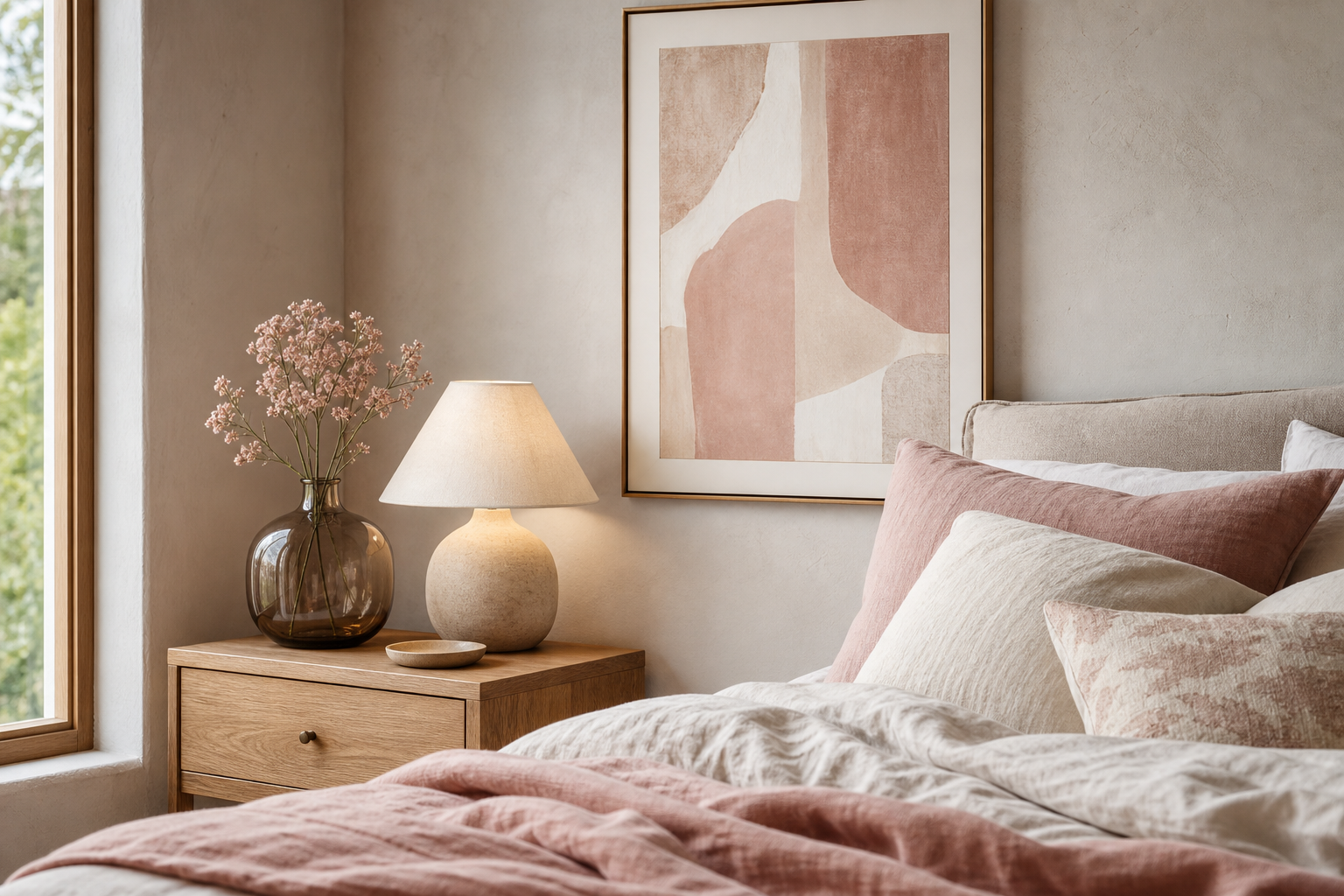 Soft bedroom corner with restful art and layered textiles