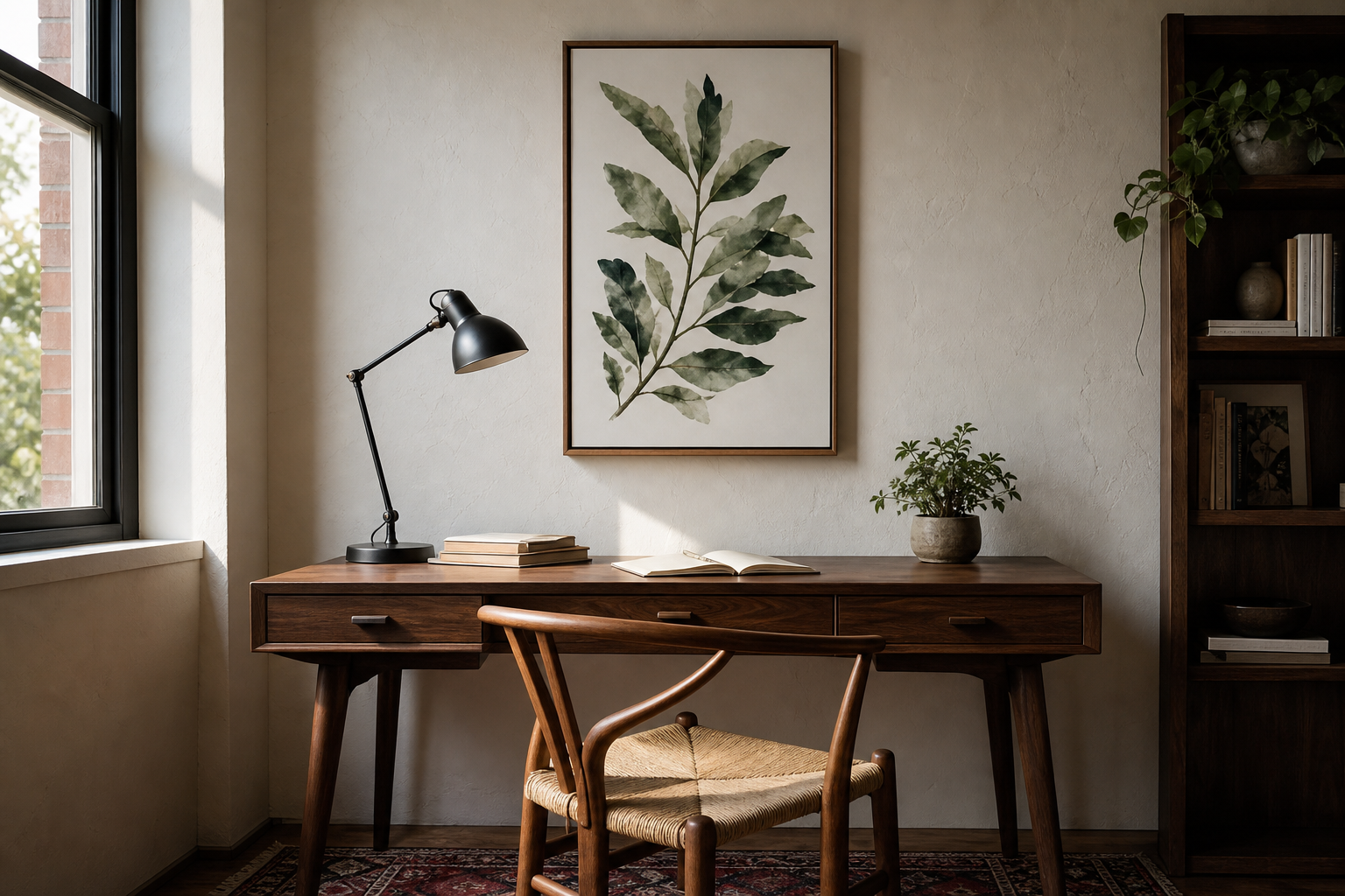 Home office desk with a single framed 16x20 art print above it