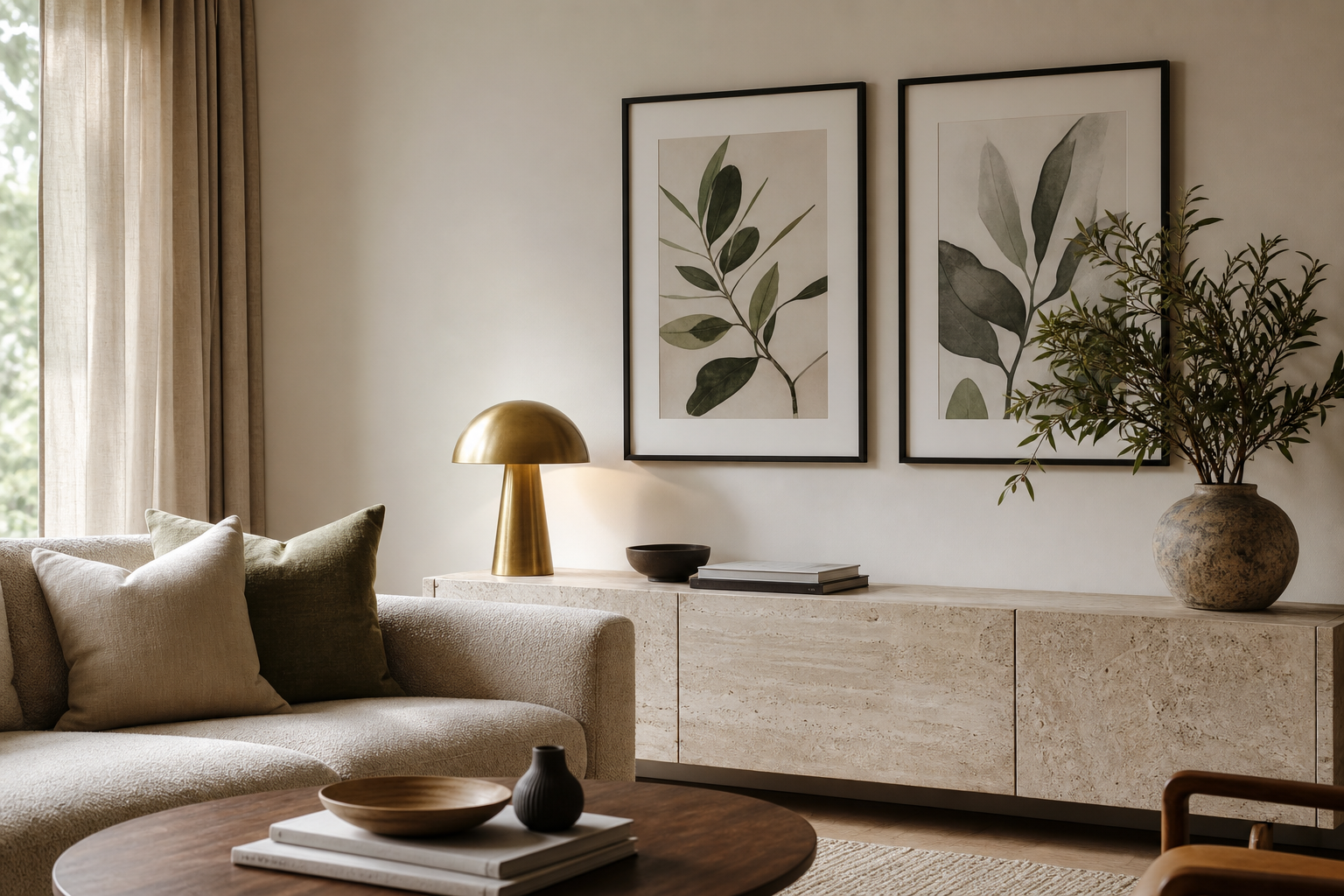 Living room with two medium framed photographic art prints above a sideboard