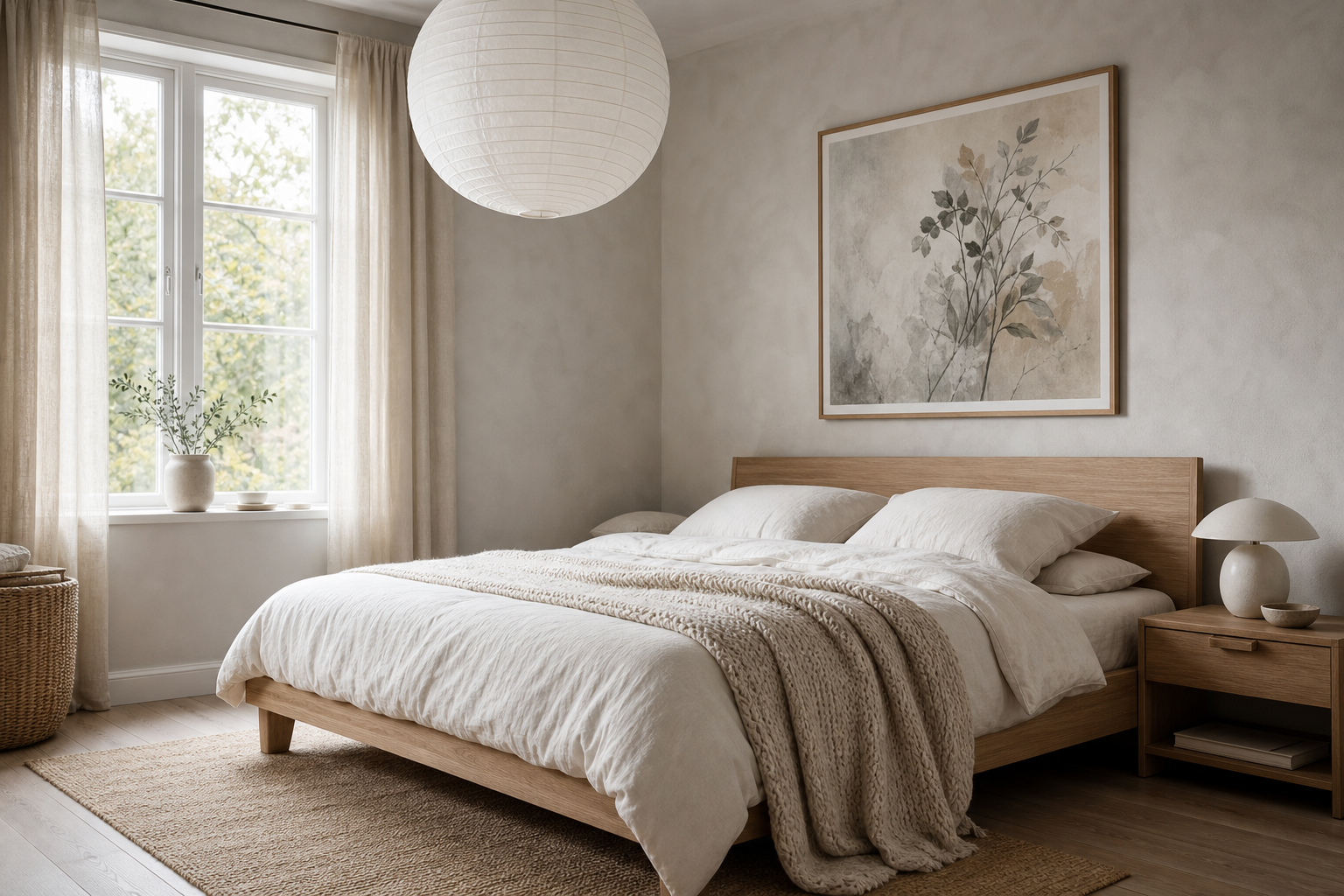 Scandinavian bedroom with large neutral framed print above bed