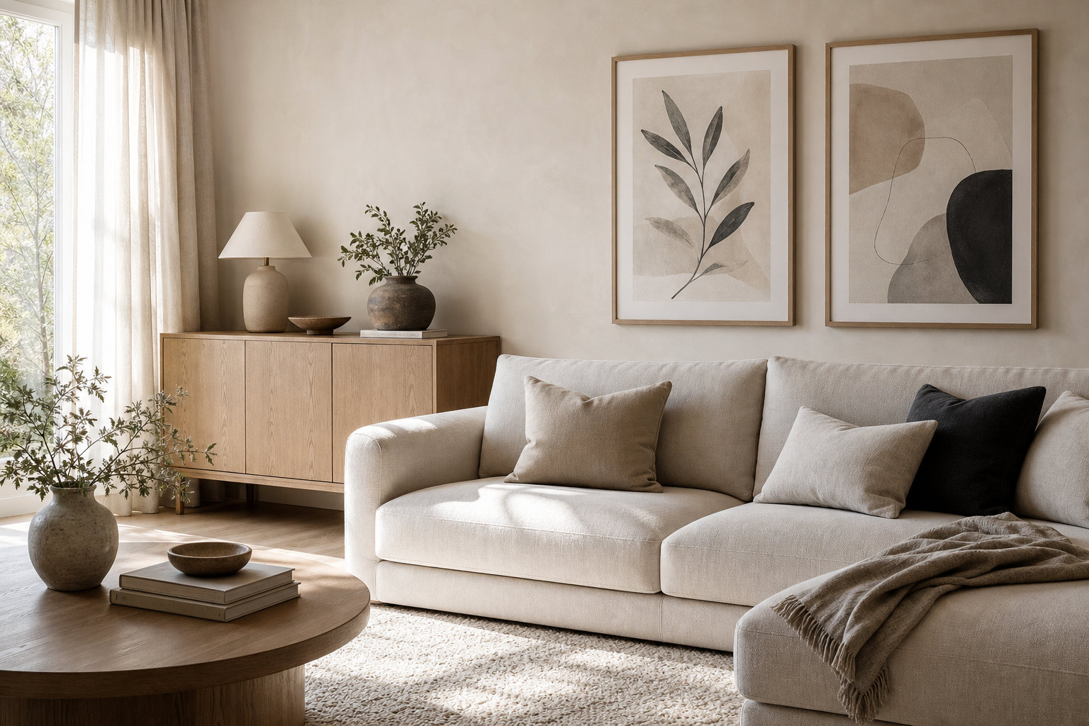Neutral Scandinavian wall art above an off-white sofa