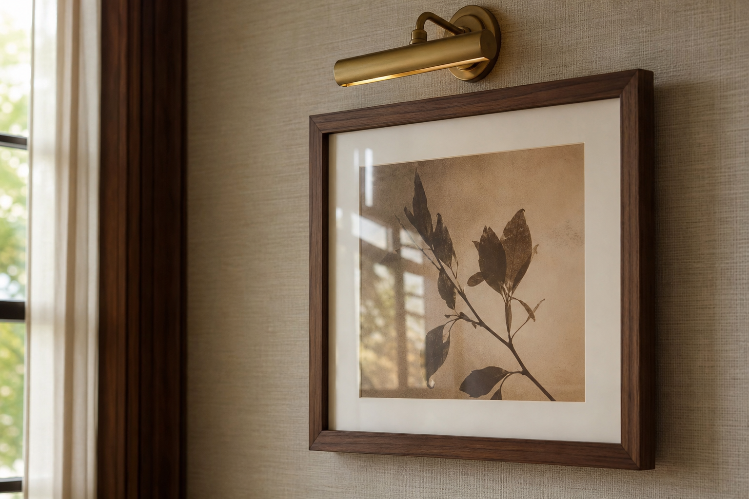 Close-up of walnut frame and sepia portrait print