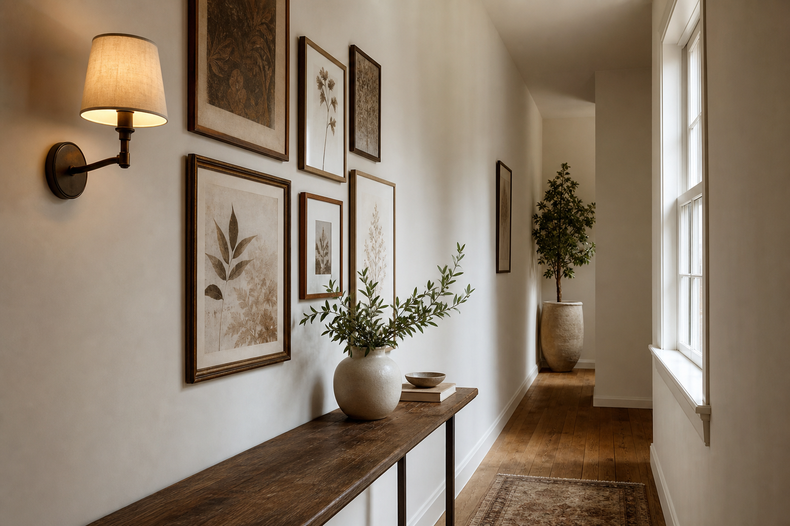 Warm hallway gallery wall with sepia portraits