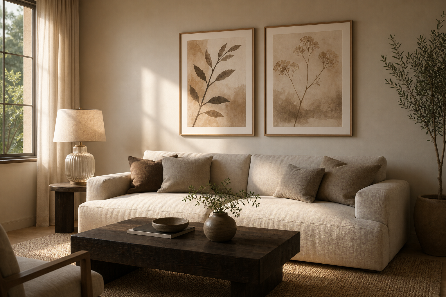 Sepia portraits above a sofa in a warm living room