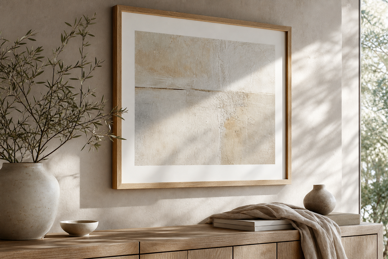 Close-up of slim frame and textured abstract art in living room