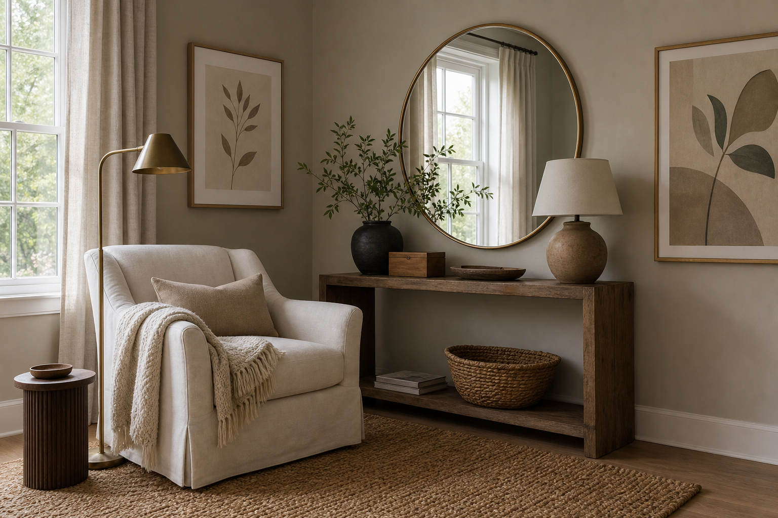 Living room with mirror, layered lighting, and balanced wall art