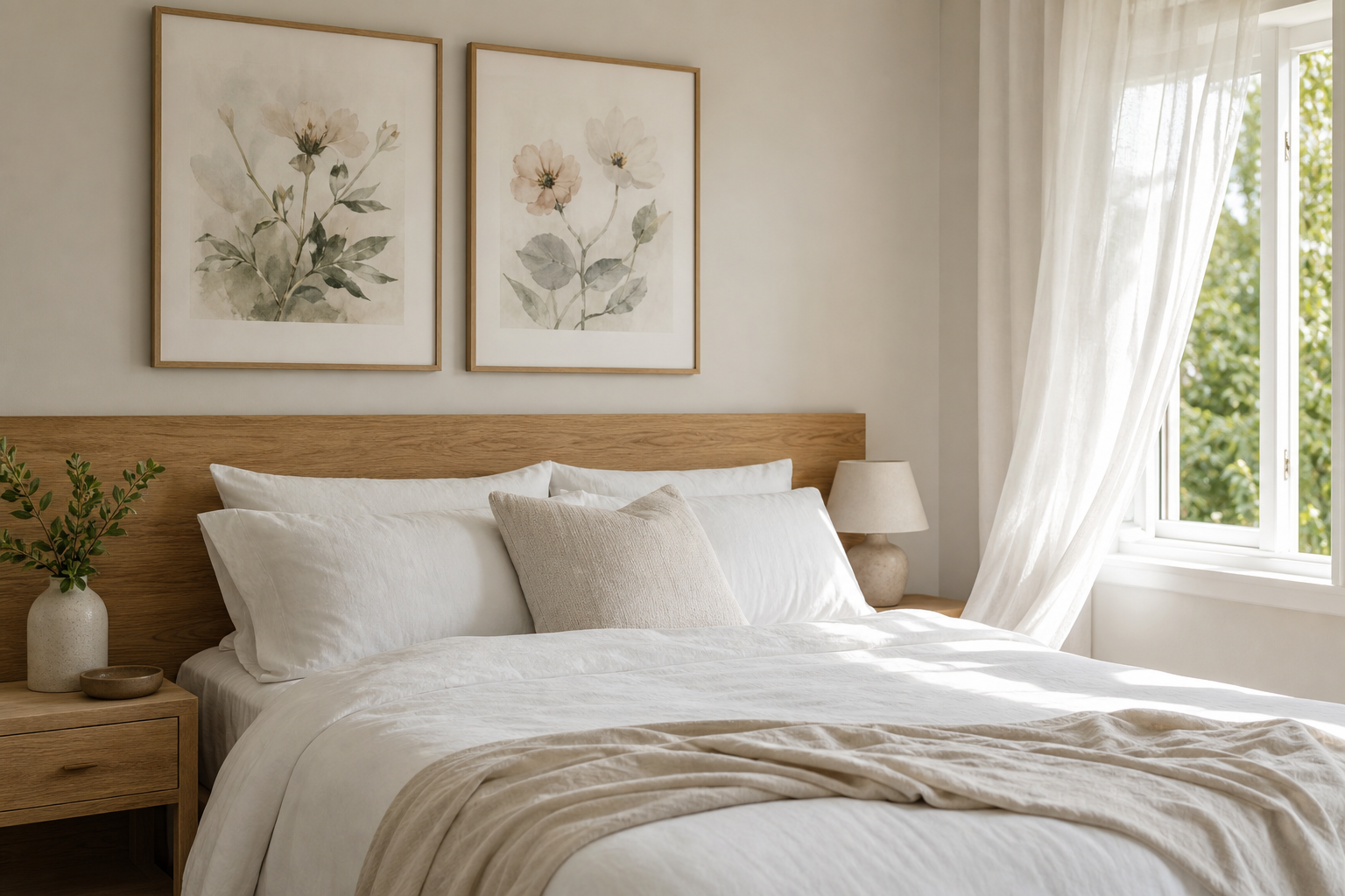 Bedroom with spring-inspired framed art above the bed