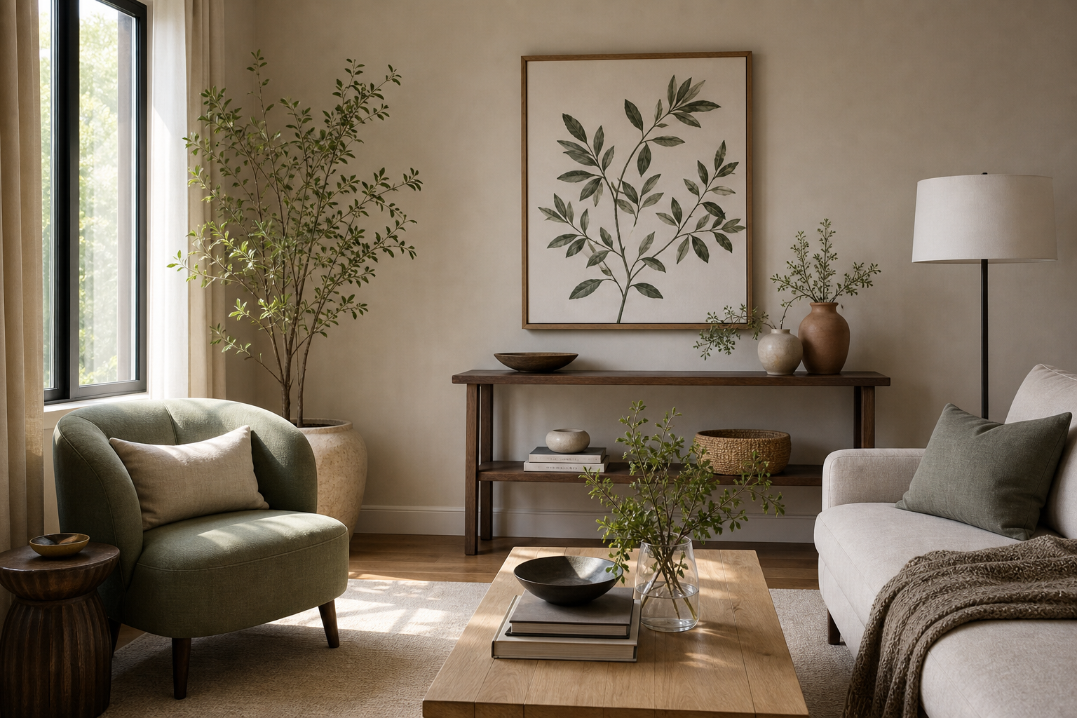 Spring wall art in a soft green and neutral living room
