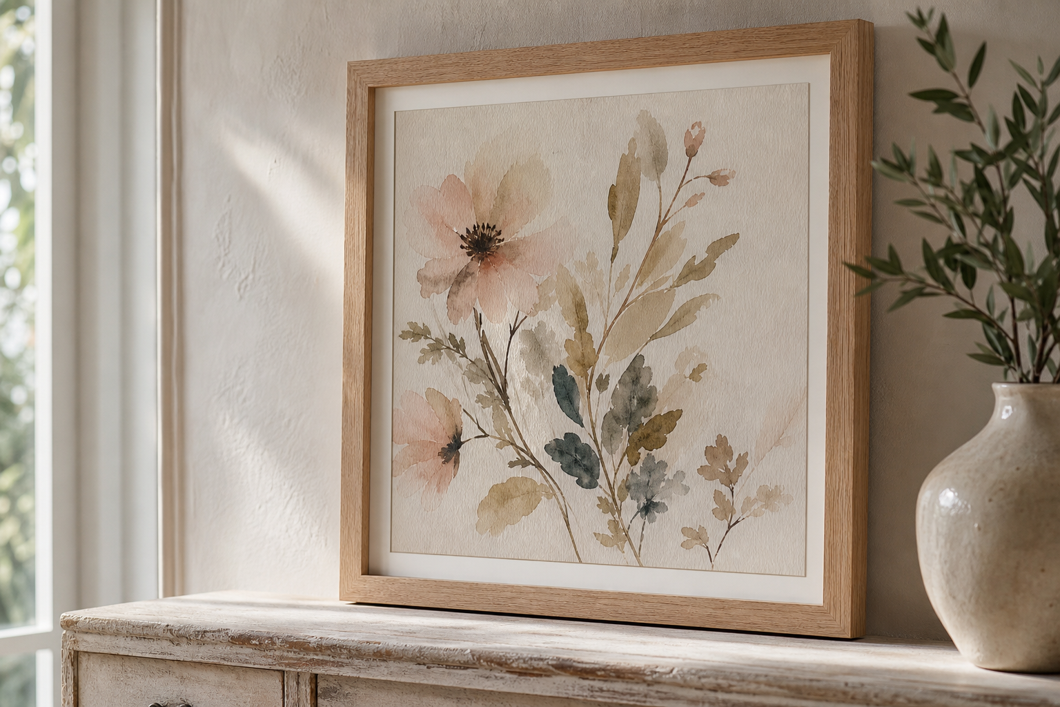 Close-up of spring artwork in light oak frame