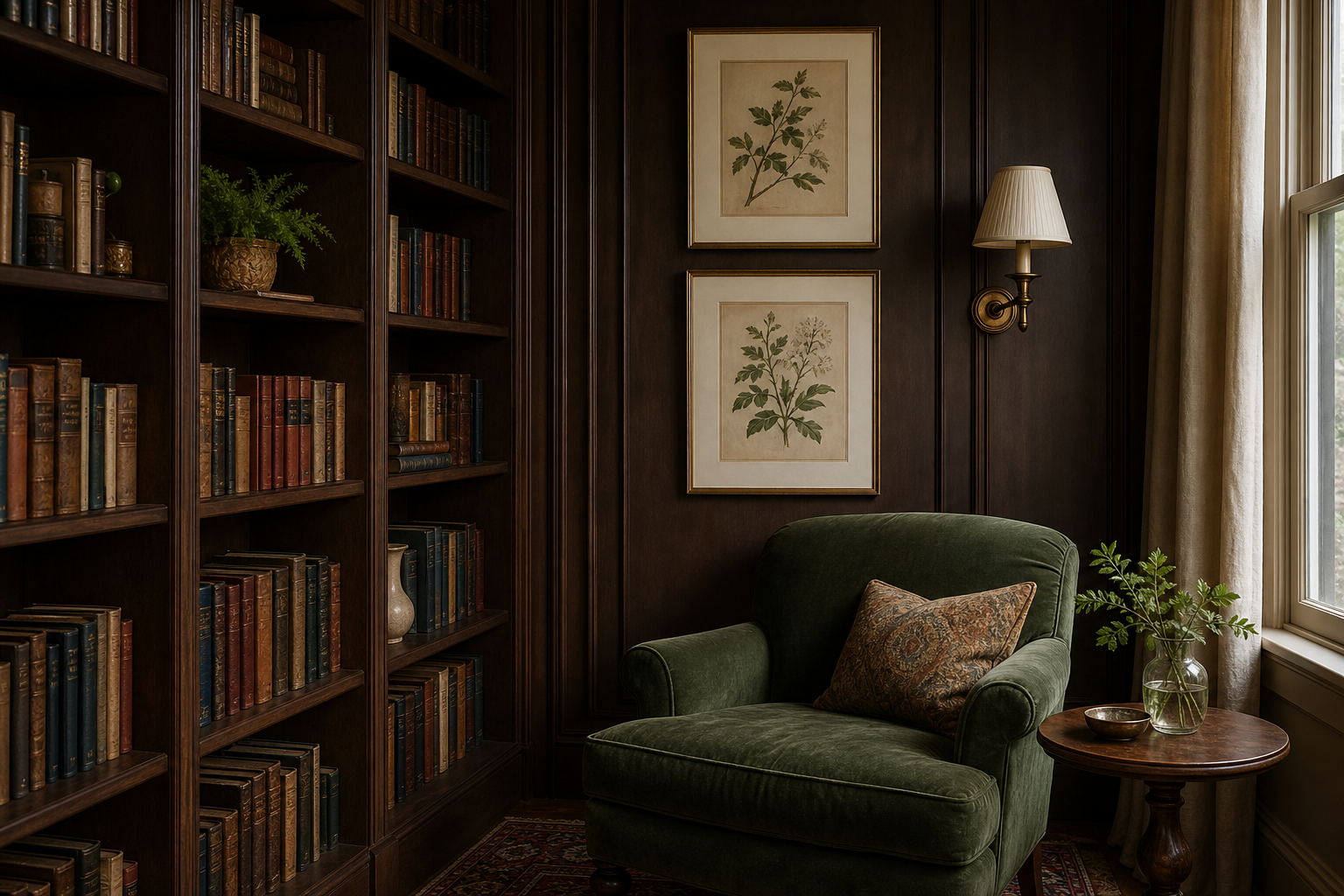 Traditional library corner with vintage framed prints