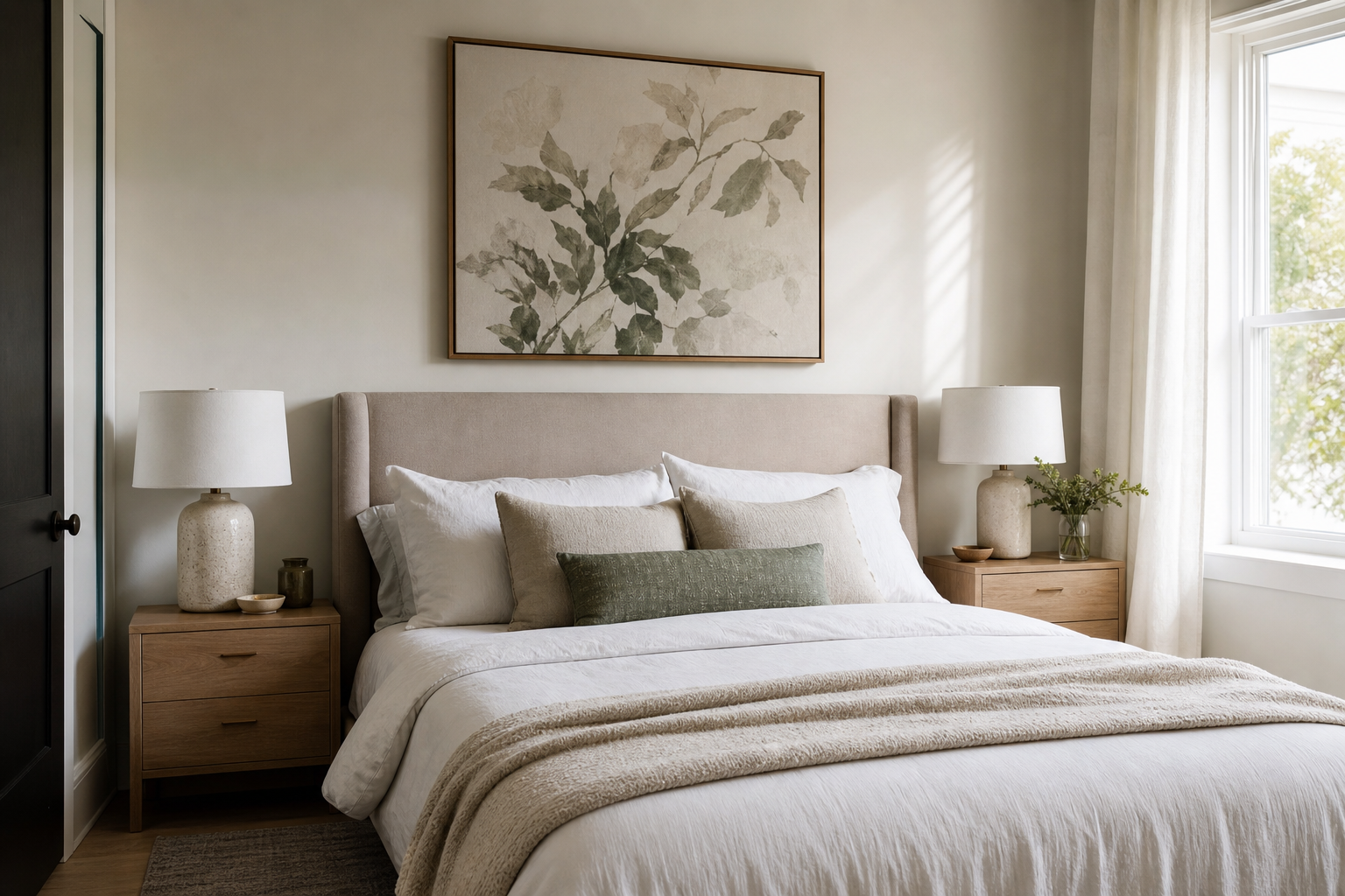 Calm bedroom with framed art above bed
