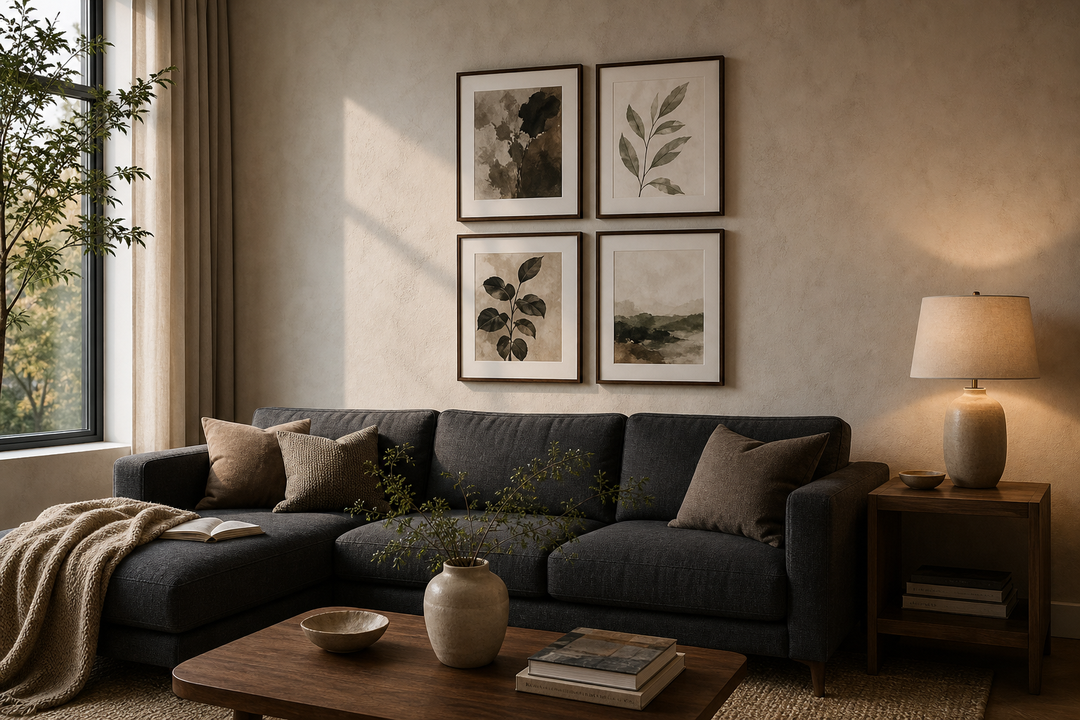 Living room wall with a balanced arrangement of typography art prints above a sofa