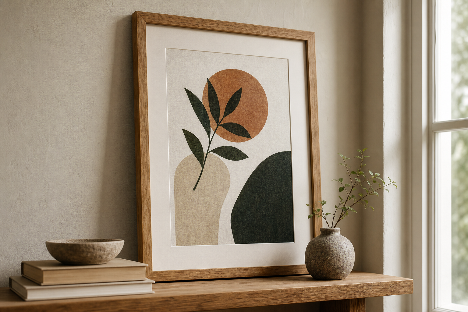 Close-up of framed typography print with matte paper and oak frame