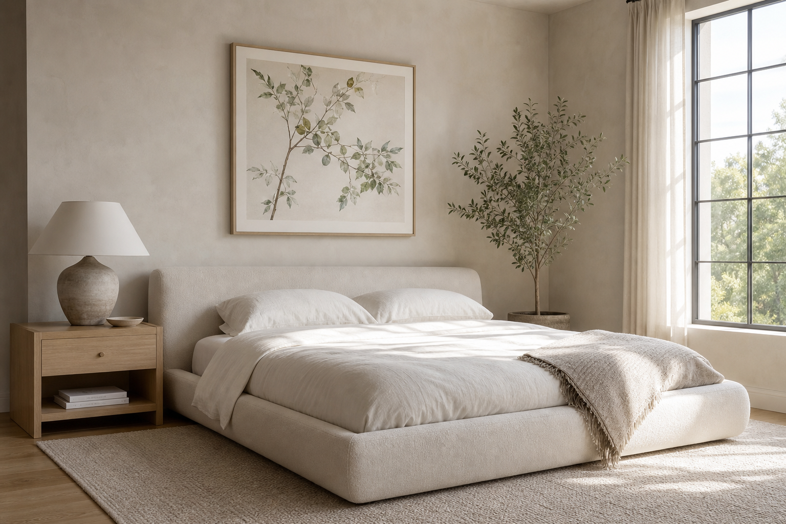Minimal bedroom with a single framed typography print above the bed