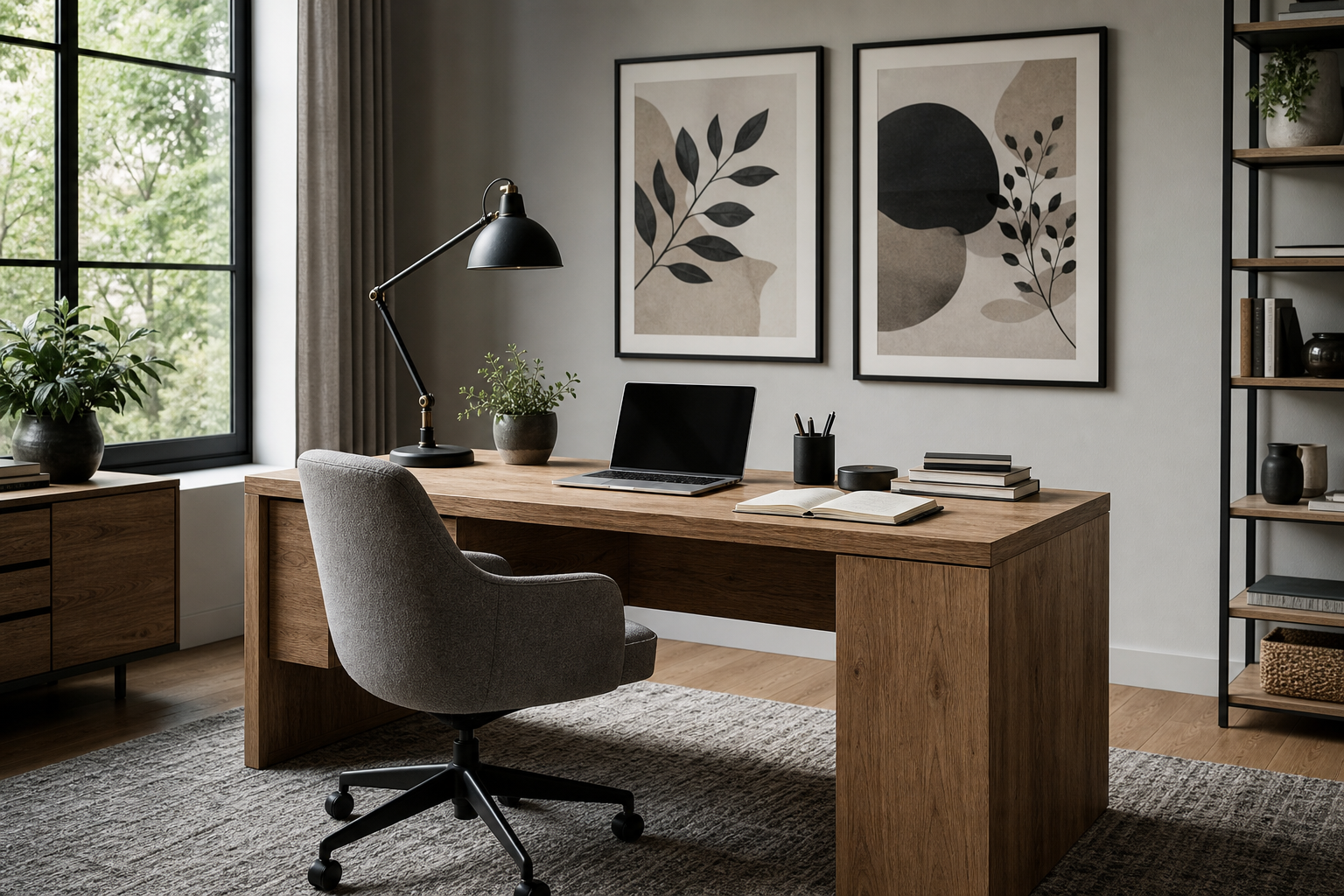 Home office with typography wall art above a desk