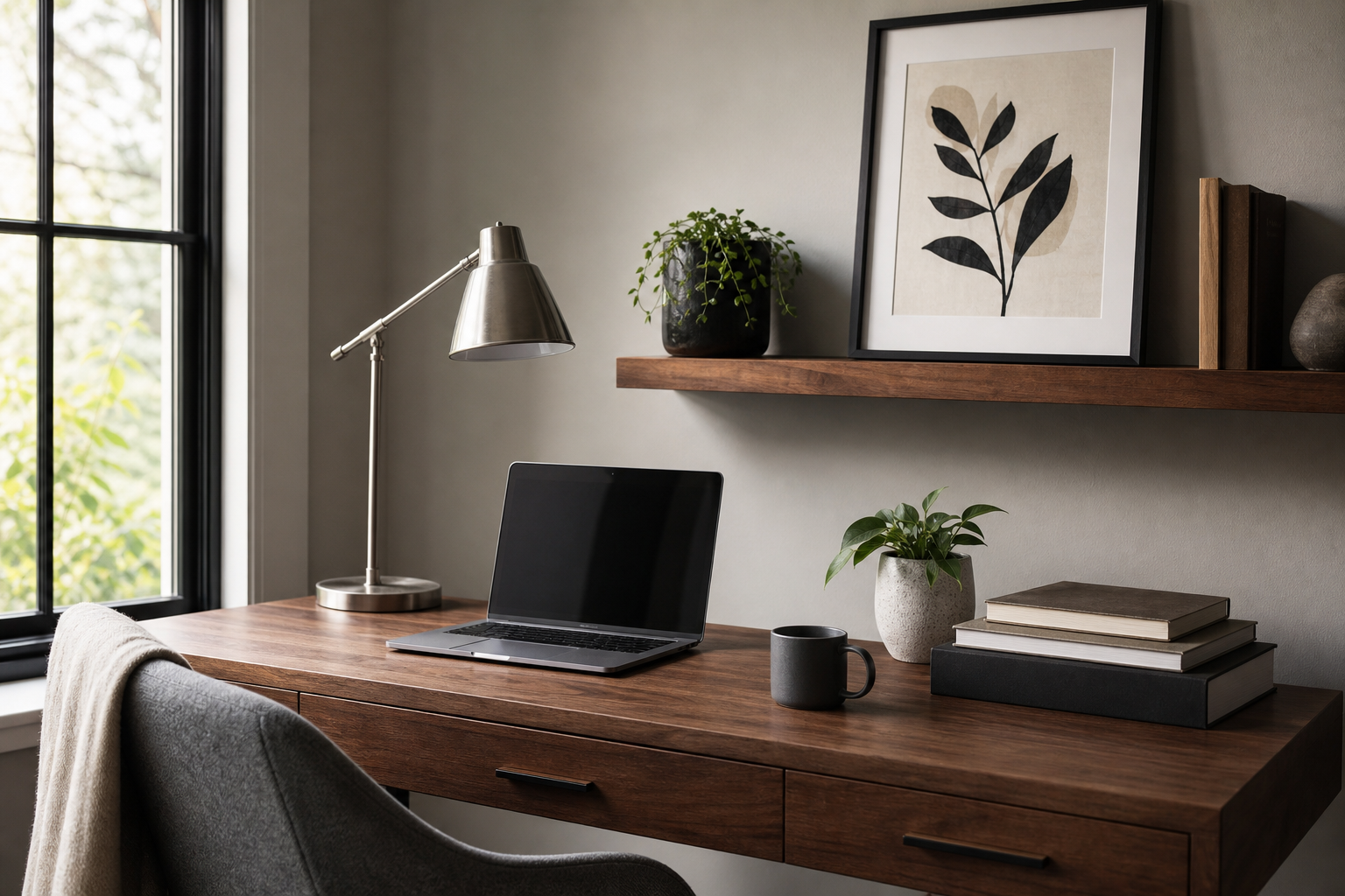 Home office with a framed typography print