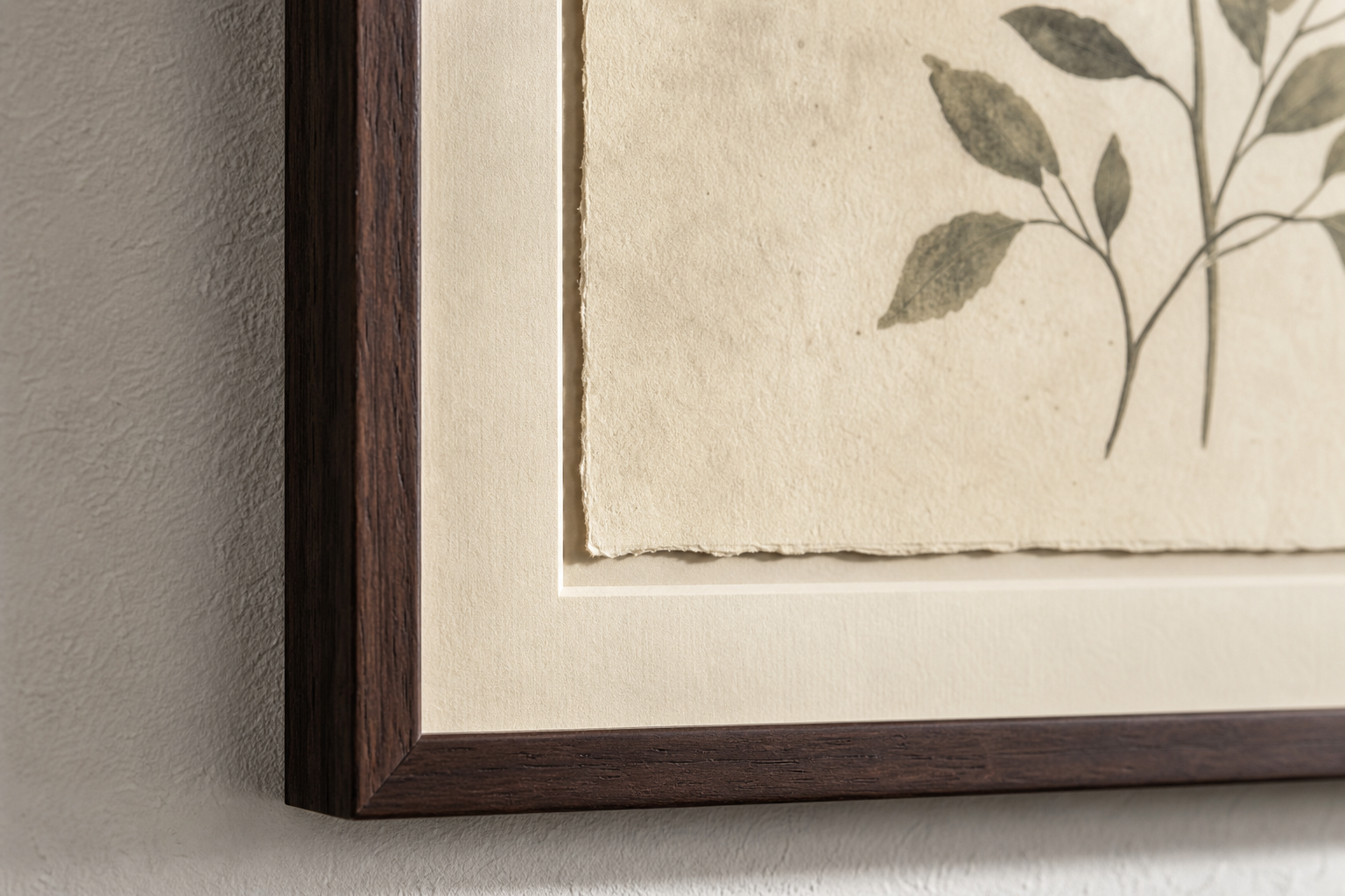 Close-up of framed vintage print paper and frame details