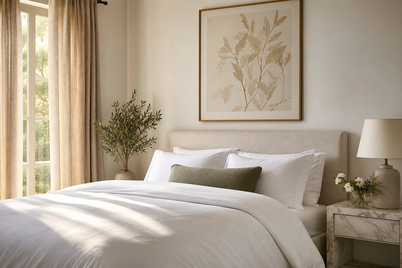 Bedroom with elegant vintage portrait wall art