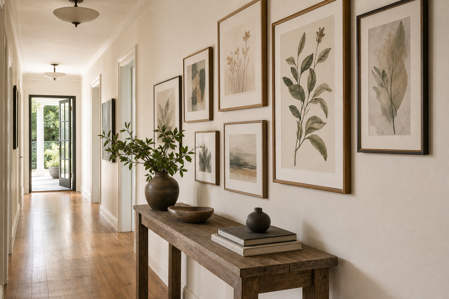 Hallway gallery wall with mixed vintage-inspired framed art