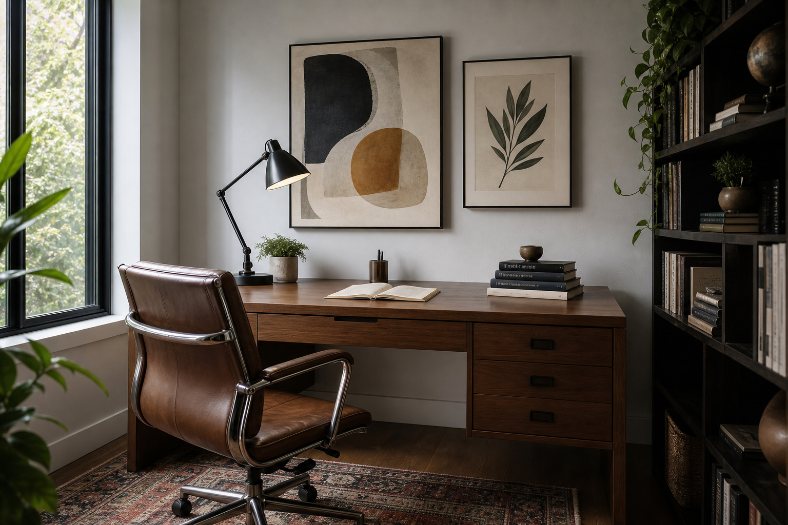 Home office with vintage typography and architectural art
