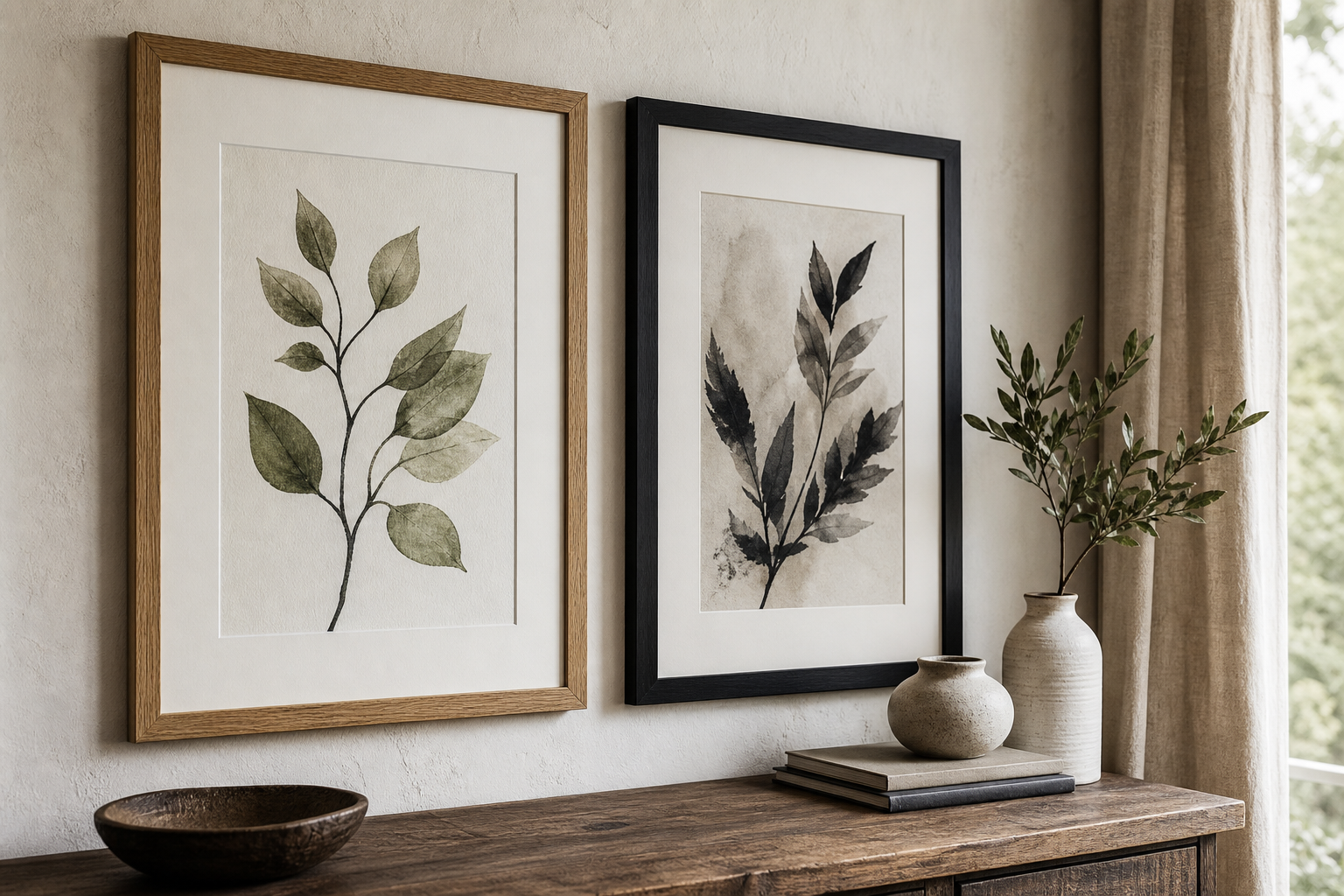 Close-up of frame finishes and textured art in a living room