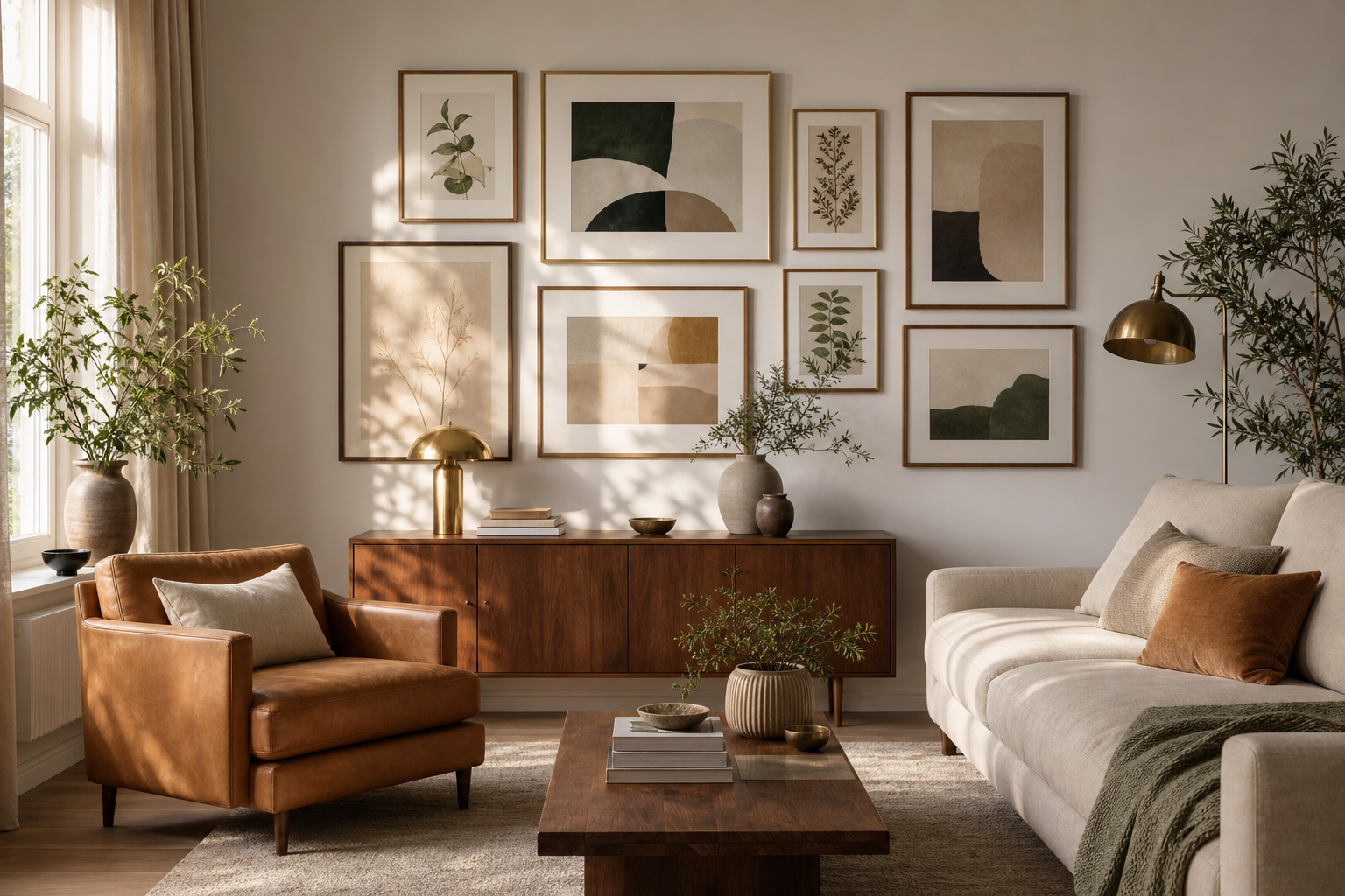Layered gallery wall in a lived-in living room