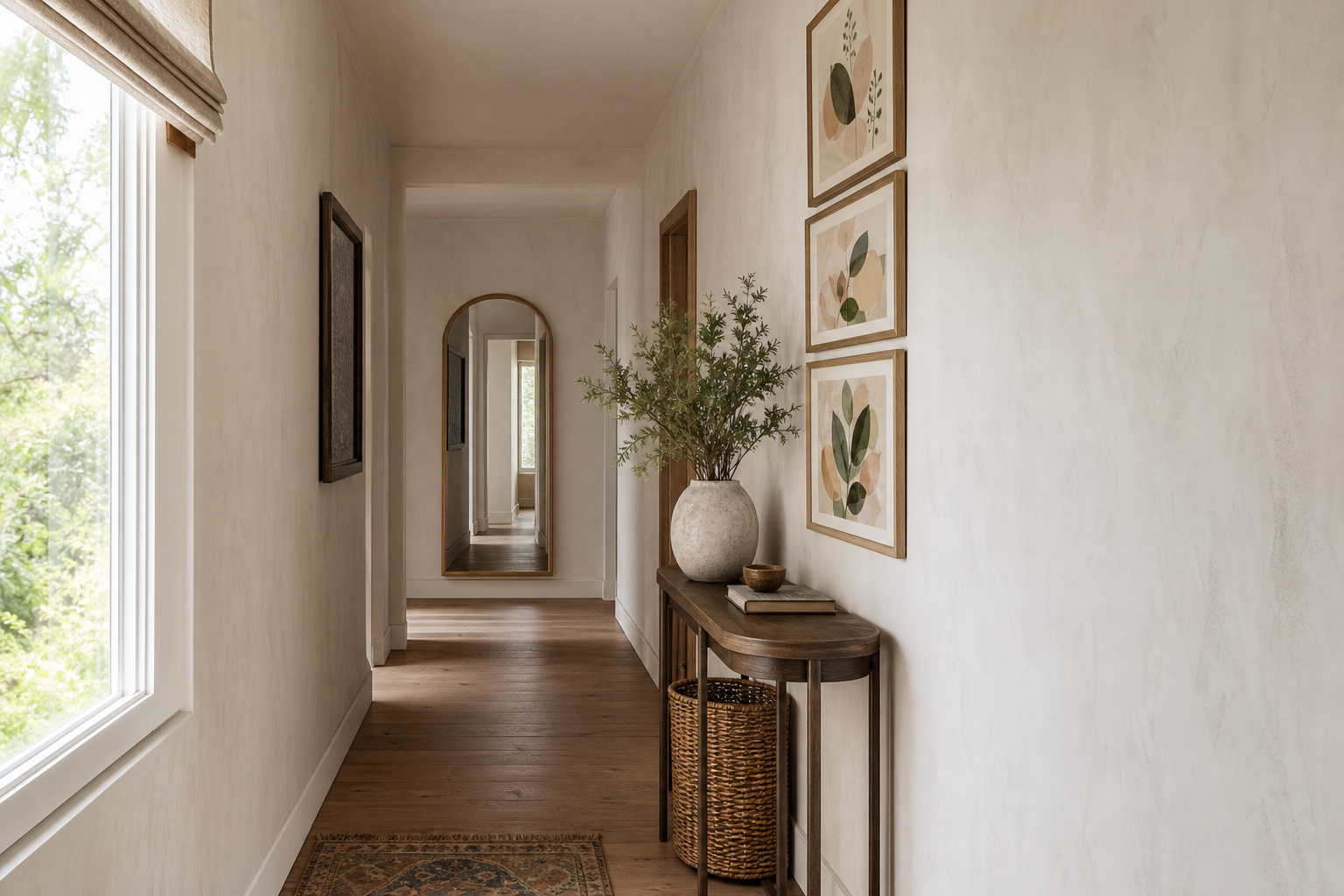 Hallway with playful illustrated character wall arrangement