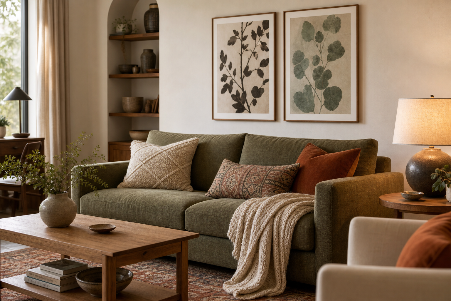 Living room with muted playful character art above sofa