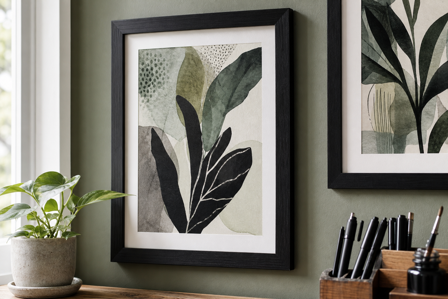 Close-up of framed cartoon-style animal illustration in a creative interior