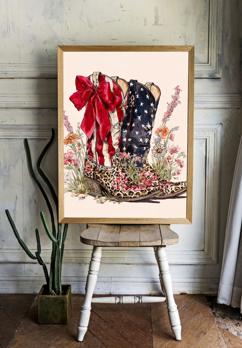 Patriotic Cowboy Boots — Illustration Print. room preview