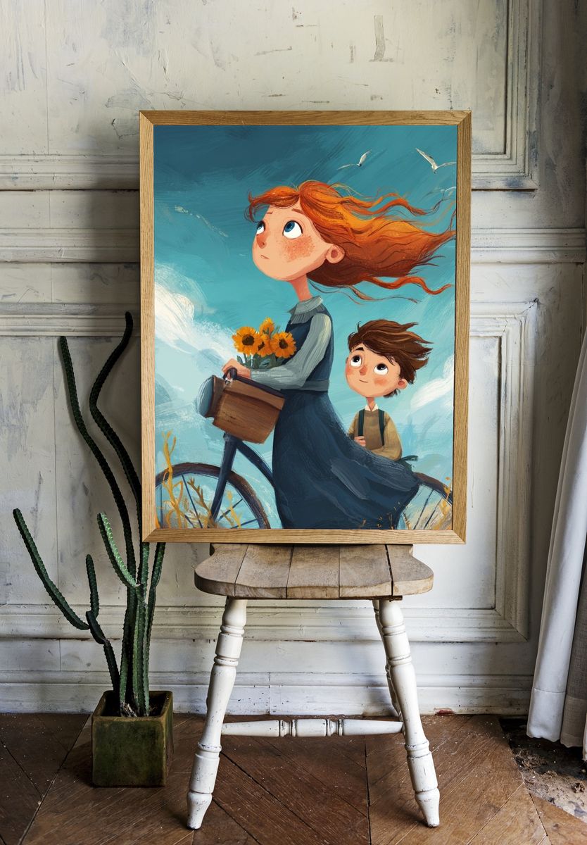 Children on Bicycle — Illustration Print. room preview